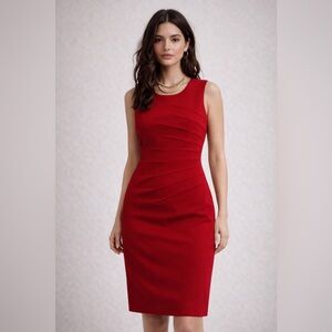 Calvin Klein Red Sheath Dress Size 10 | Ruched Career Cocktail Midi